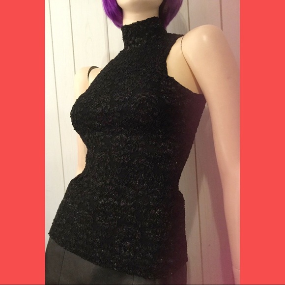 VTG 80s Glittery Black Lace High Collar Shell Top GANTOS - Picture 1 of 8